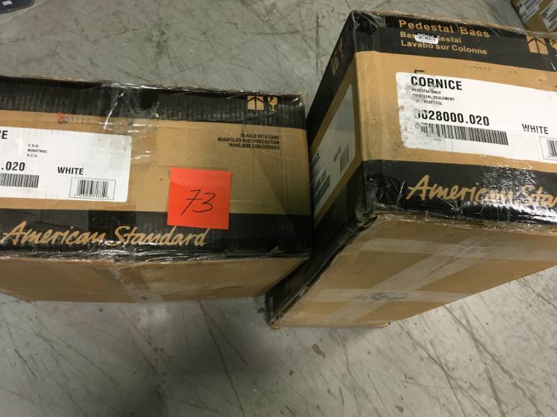 lot 73 image: American Standard Cornice Corner Wall-Mount Bathroom Sink in White plus American Standard Cornice Pedestal in White open box in like new condition
