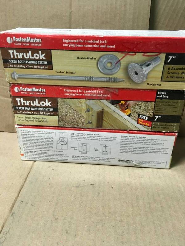 lot 75 image: FastenMaster ThruLok 7 in. Fastening System Bolt Screw (6 per Pack) LOT 3 PCS open box in like new condition