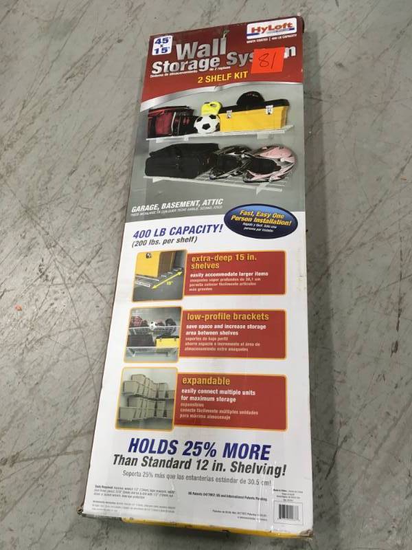 lot 81 image: HyLoft 2-Shelf 45 in. W Wire Garage Wall Storage System in White not used