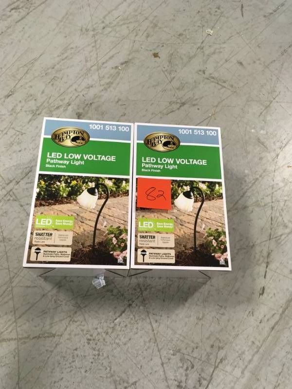 lot 82 image: LOT OF 2 PCS Hampton Bay Low-Voltage Black Outdoor Integrated LED Black Landscape Path Light with White Tulip Shade not used