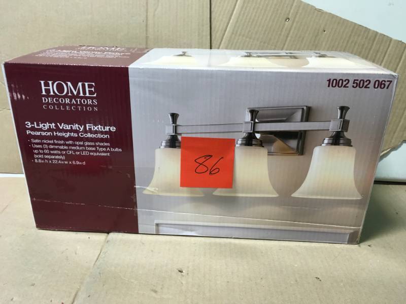 lot 86 image: Home Decorators Collection 3-Light Satin Nickel Bath Sconce with Opal Glass Shades not used