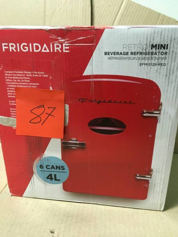 lot 87 image: Frigidaire Portable Retro 6-can Mini Fridge EFMIS129, Red not used