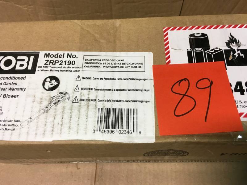 lot 89 image: Ryobi Reconditioned ONE 90 MPH 200 CFM 18-Volt Lithium-Ion Cordless Leaf Blower - 2.0 Ah Battery and Charger Included not used
