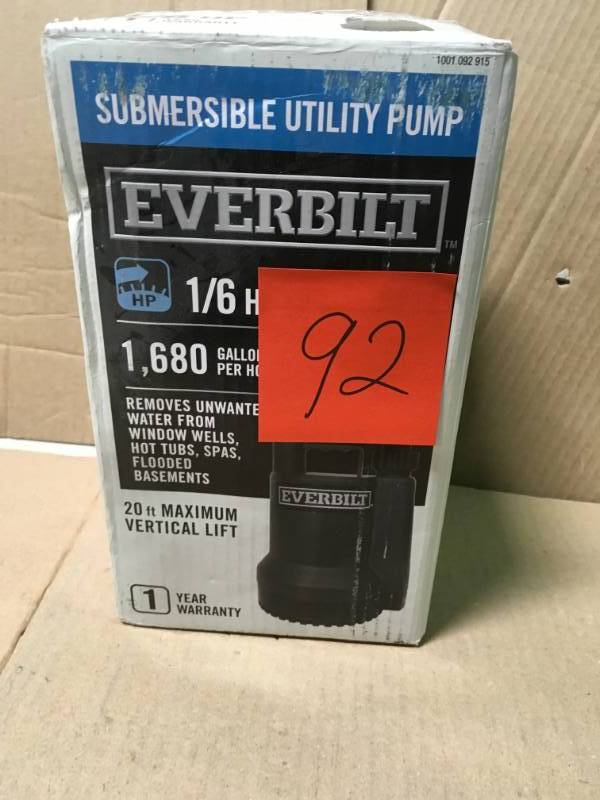 lot 92 image: Everbilt 16 HP Plastic Submersible Utility Pump open box in like new condition