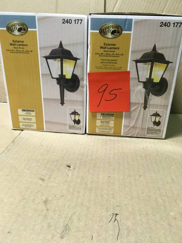 lot 95 image: LOT OF TWO Hampton Bay 1-Light Outdoor Black Wall Light with Aluminum Material in good condition