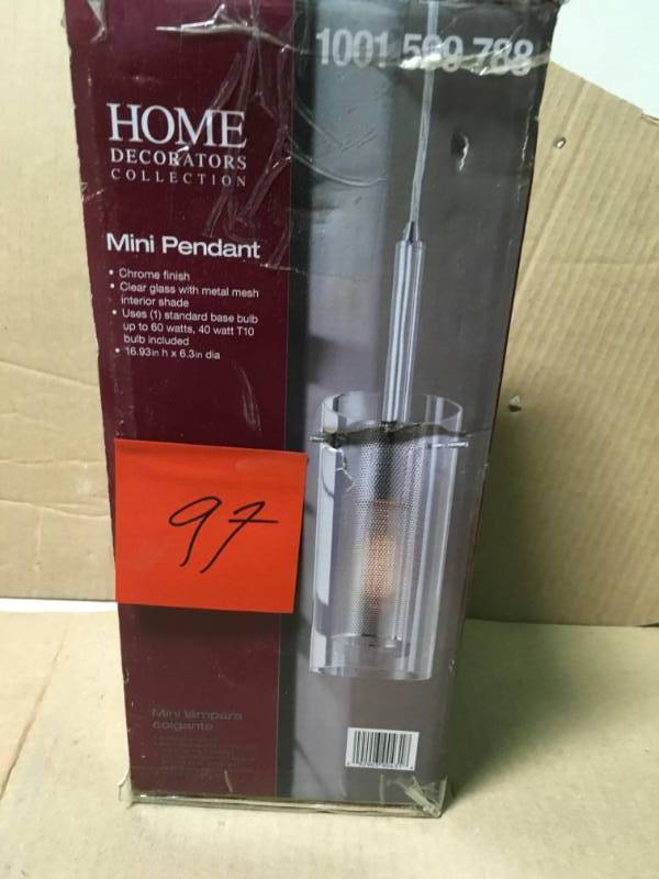 lot 97 image: Home Decorators Collection 1-Light Chrome Pendant with Cylinder Inner Mesh Shade and Outer Clear Glass Shade not used