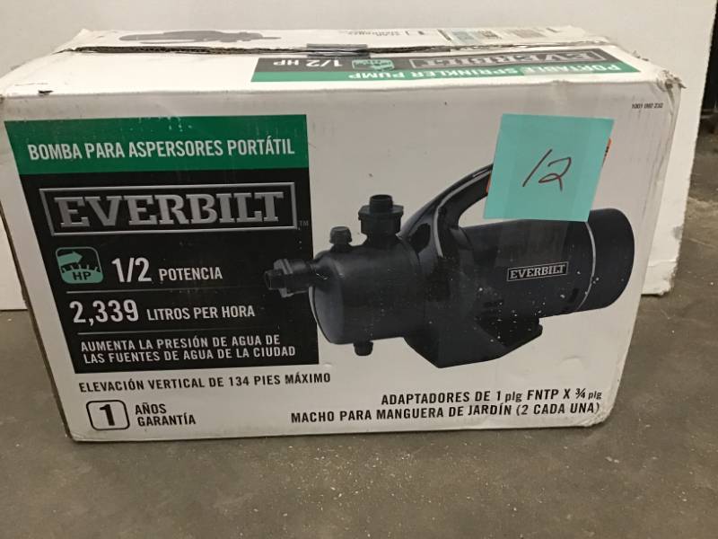 lot 12 image: Everbilt 12 HP Portable Utility Pump in good condition