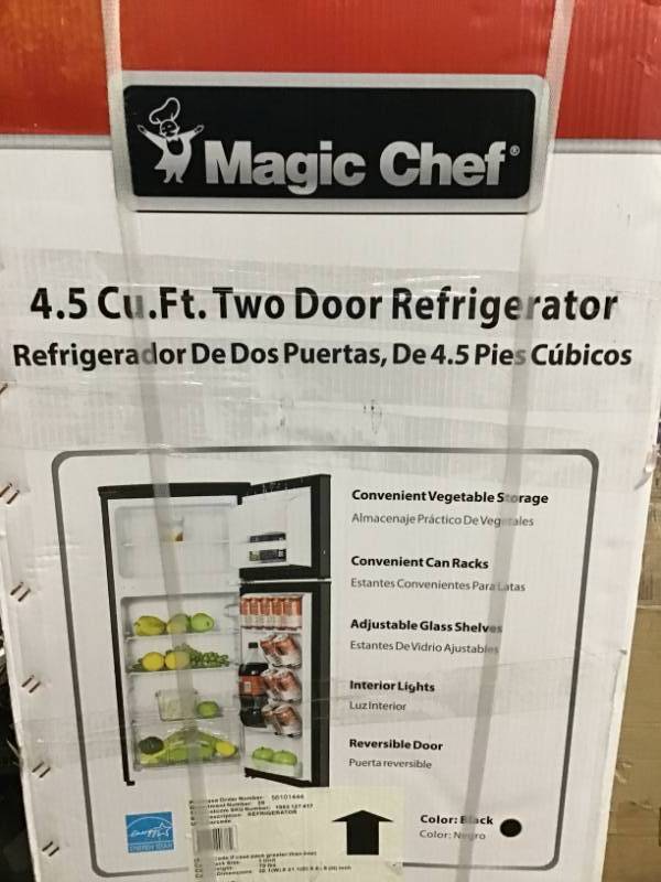 lot 16 image: Magic Chef 4.5 cu. ft. Double Door Mini Refrigerator in Black open box in like new condition