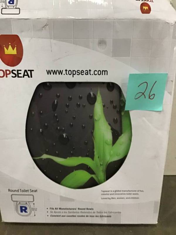 lot 26 image: TOPSEAT Art of Acryl Piano Black Slow Close Round Closed Front Toilet Seat in Black open box in like new condition