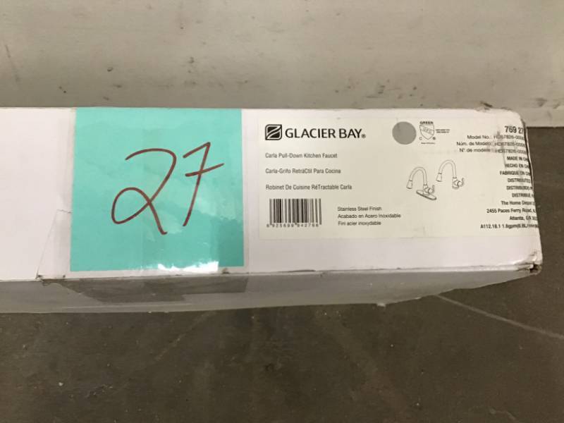 lot 27 image: Glacier Bay Carla Single-Handle Pull-Down Sprayer Kitchen Faucet in Stainless Steel open box in like new condition