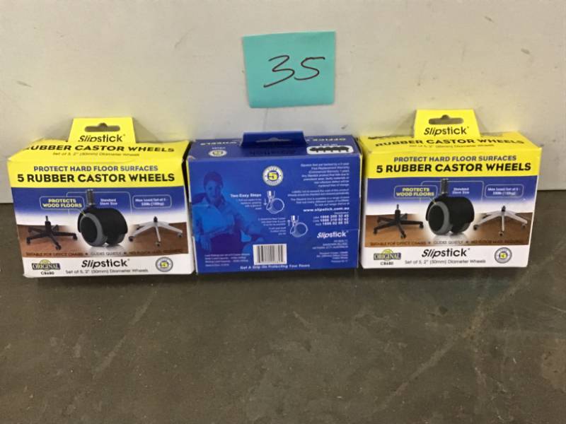 lot 35 image: SlipStick 2 in. Office Chair Caster Wheel (Set of 5) LOT OF 3 not used