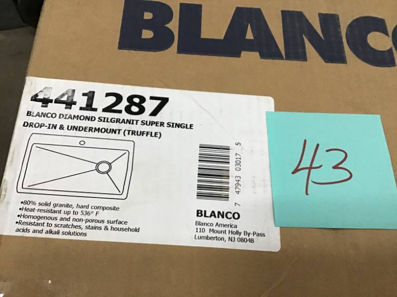 lot 43 image: Blanco Diamond Dual Mount Granite Composite 32.5 in. 1-Hole Super Single Bowl Kitchen Sink in Truffle open box in like new condition