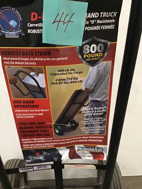 lot 44 image: Milwaukee 800 lb. Capacity D-Handle Hand Truck used one flat tire