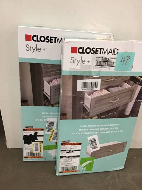 lot 47 image: ClosetMaid Style 10 in. H x 25 in. W Coastal Teak Melamine Shaker Drawer Kit for 25 in. W Tower LOT OF 2 not used