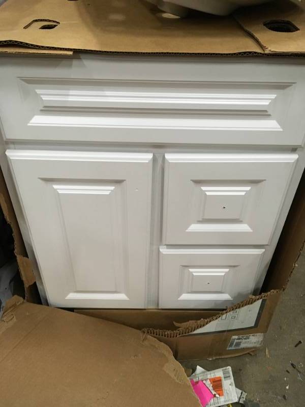 lot 52 image: Glacier Bay Hampton 24 in. W x 21 in. D x 33.5 in. H Bathroom Vanity Cabinet Only in White SEE PICS FOR DAMAGE