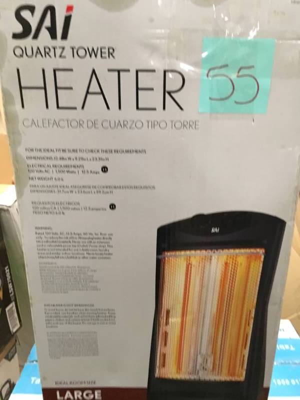 lot 55 image: SAI 1500-Watt Quartz Tower Heater, Black open box in like new condition