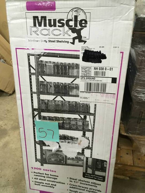 lot 57 image: Edsal 60 in. H x 30 in. W x 12 in. D Steel Canning Shelving Unit in Gray open box in like new condition