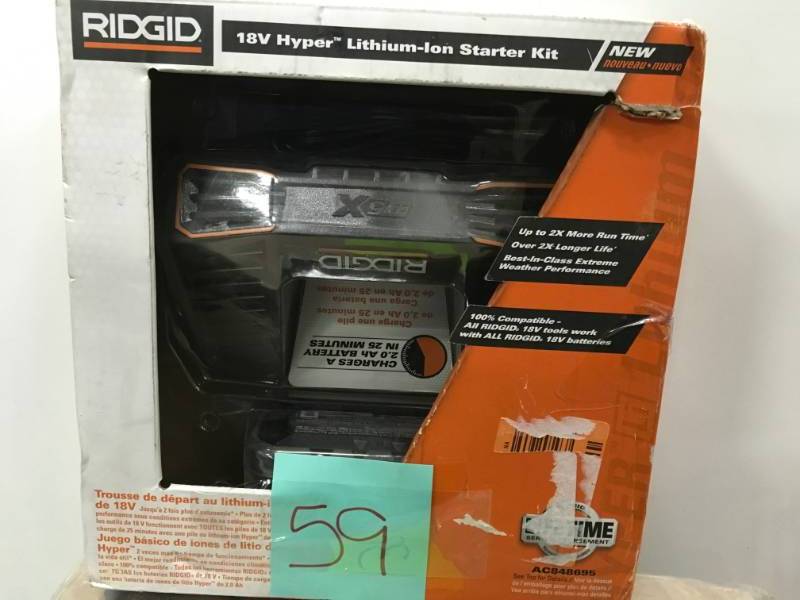 lot 59 image: RIDGID 18-Volt Lithium-Ion 2.0 Ah Battery Pack and Charger Kit open box in like new condition