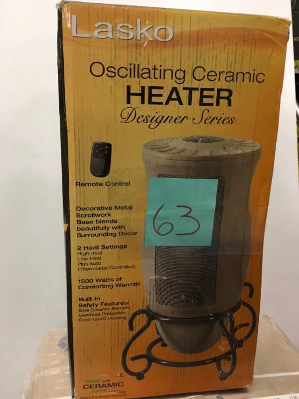 lot 63 image: Lasko Designer Series 1500-Watt Oscillating Ceramic Electric Portable Heater open box in like new condition