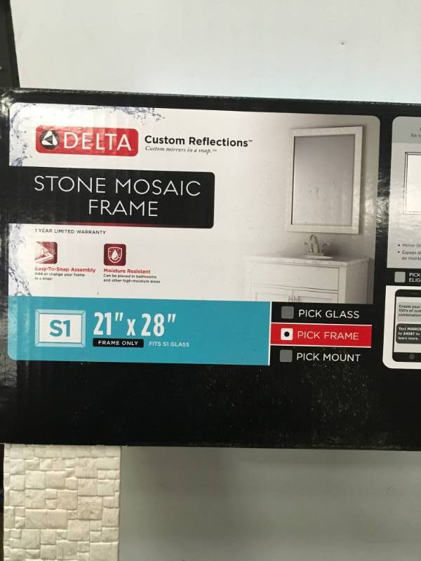 lot 68 image: Delta 21 in. x 28 in. (S1) Rectangular Mirror Frame in Stone Mosaic open box in like new condition