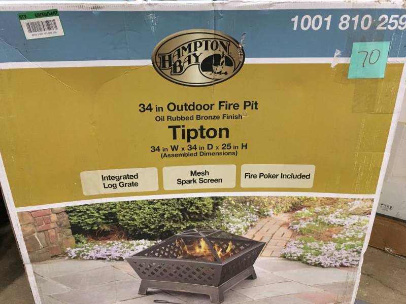 lot 70 image: Hampton Bay Tipton 34 in. Steel Deep Bowl Fire Pit in Oil Rubbed Bronze with Cover open box in like new condition