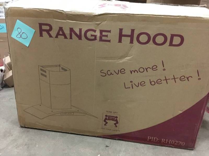 lot 80 image: AKDY 30 in. Convertible Wall Mount Range Hood in Stainless Steel with Tempered Glass, open box in like new condition