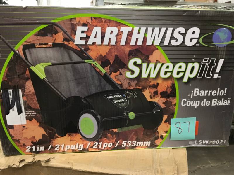 lot 87 image: Earthwise 21 in. Sweep-It Push Lawn Sweeper with 2.61 Bushel Collection Bag open box in like new condition