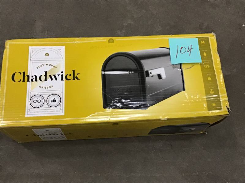 lot 104 image: Architectural Mailboxes Chadwick Nickel Accents Black Post Mount Mailbox open box in like new condition