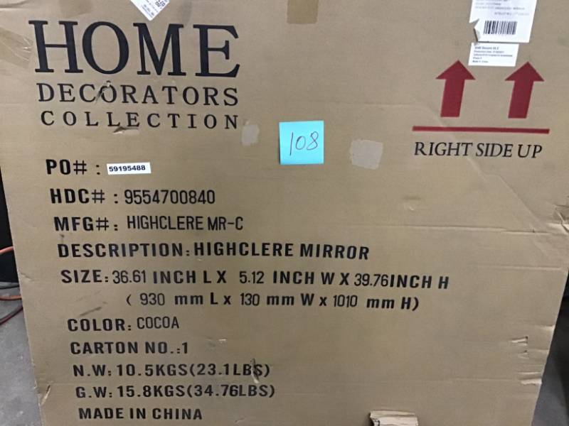lot 108 image: Home Decorators Collection Highclere 36 in. x 33 in. Wood Framed Single Wall Mirror in Cocoa open box in like new condition