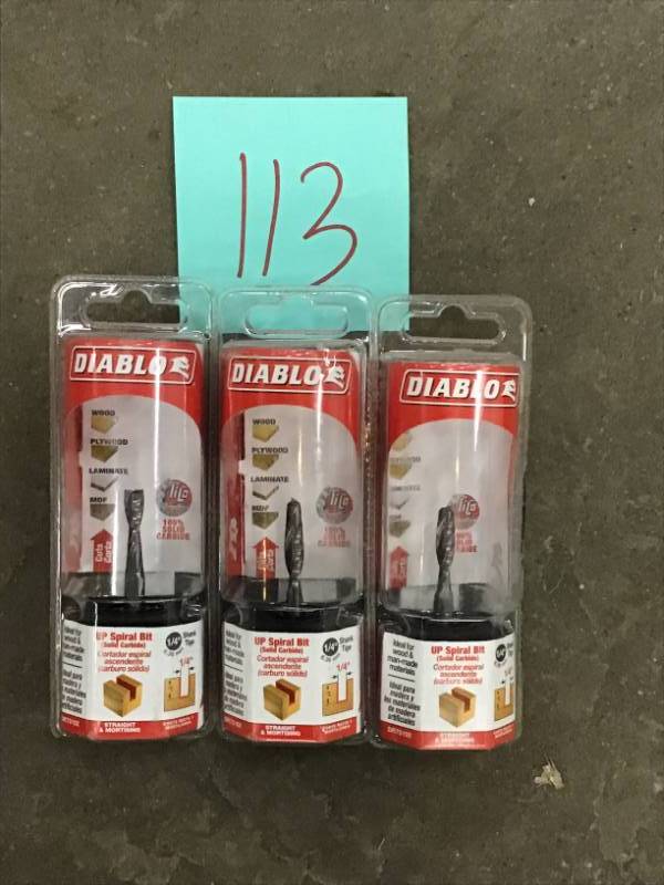 lot 113 image: Diablo 14 in. x 1 in. Carbide Up Spiral Router Bit LOT OF 3 not used