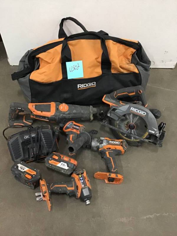 lot 115 image: RIDGID 18-Volt Lithium-Ion Cordless Brushless 5-Piece Combo Kit with 2 Batteries, 18-Volt Charger, and Contractors Bag USED in good condition