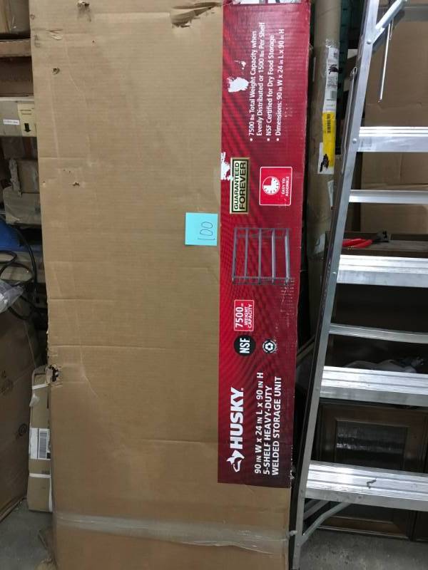 lot 100 image: Husky 90 in. H x 90 in. W x 24 in. D 5 Shelf Welded Steel Shelving Unit with Wire Deck in Black open box in like new condition