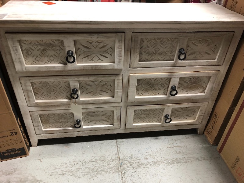 lot 123 image: Home Decorators Collection Print Block 6-Drawer Whitewash Dresser IN GOOD CONDITIONS SOME DOOR NEED HELP TO OPEN