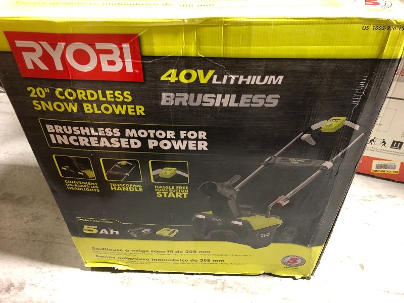 lot 120 image: Ryobi 20 in. 40-Volt Brushless Cordless Electric Snow Blower with 5.0 Ah Battery and Charger Included NOT USED