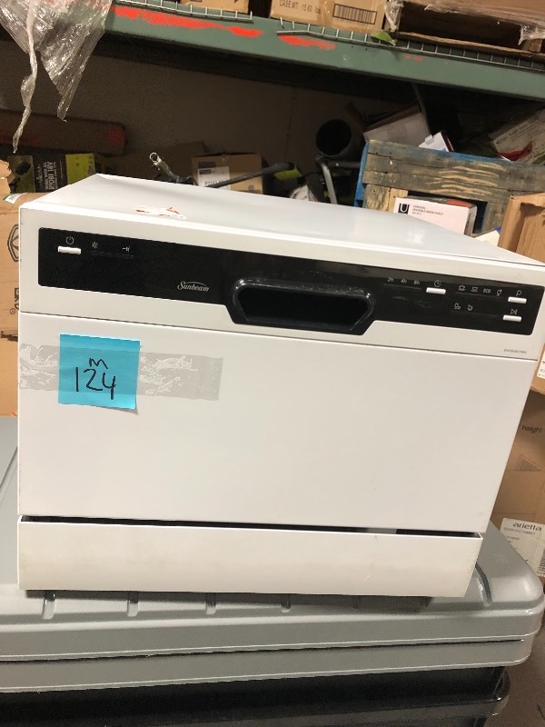 lot 124 image: Sunbeam Portable Countertop Dishwasher, White in good conditions have some scratches and dents