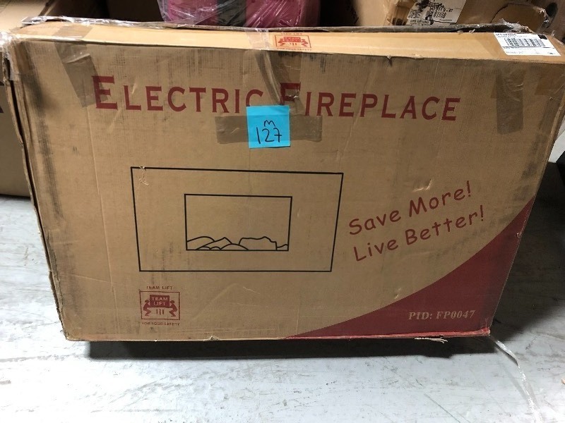 lot 127 image: AKDY 36 in. Wall Mount Electric Fireplace Heater in Black with Tempered Glass, Pebbles in good conditions no remote in good condition