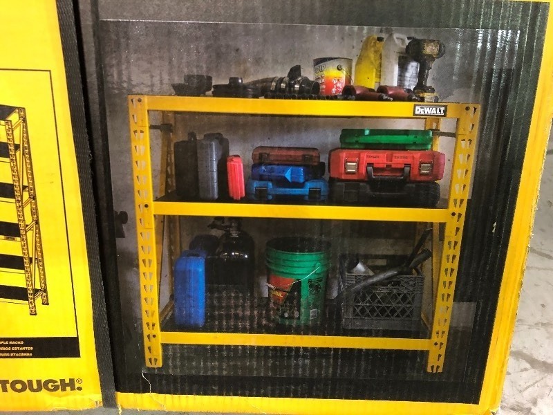 lot 129 image: DEWALT 48 in. H x 50 in. W x 18 in. D 3-Shelf Steel  Laminate Expandable Industrial Storage Rack Unit in Yellow in good conditions