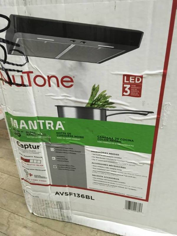 NuTone Mantra 36 in. Convertible Under Cabinet Range Hood with Light in Black open box in good condition