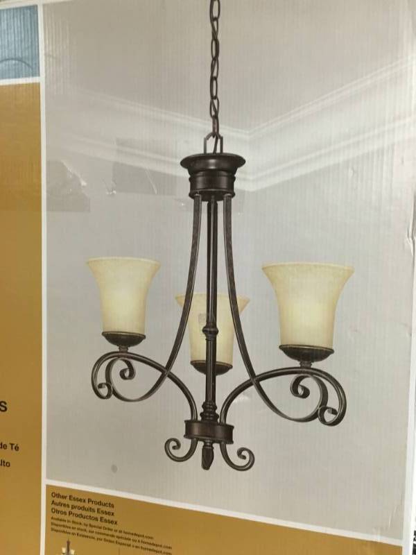 Hampton Bay Essex 3-Light Aged Black Chandelier with Tea Stained Glass Shades open box in good condition