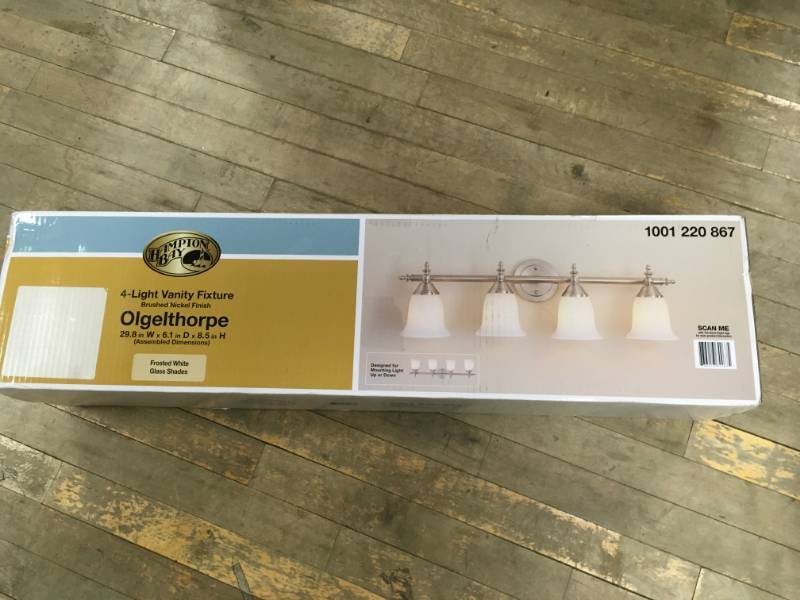 Hampton Bay Olgelthorpe 4-Light Brushed Nickel Vanity Light with Bell Shaped Frosted Glass Shades open box in good condition