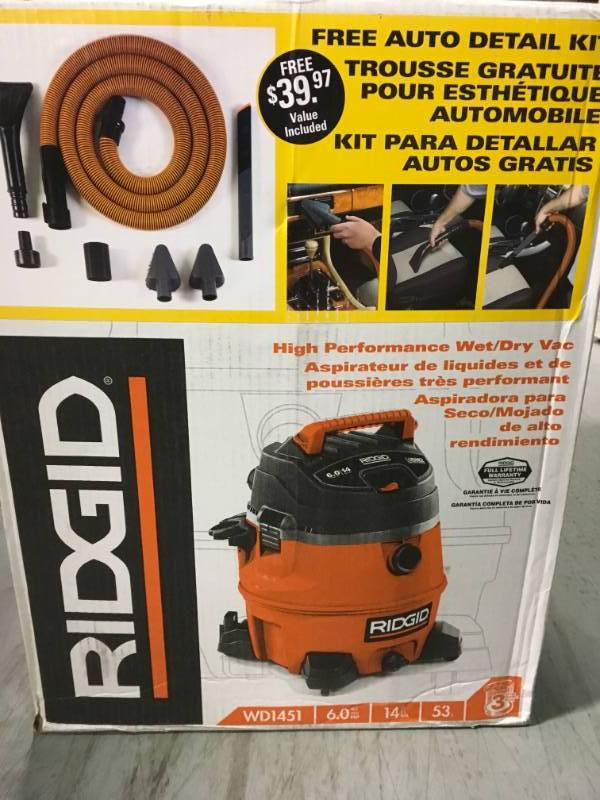 RIDGID 14 Gal. 6.0-Peak HP Wet Dry Vac with Auto Detail Kit not used