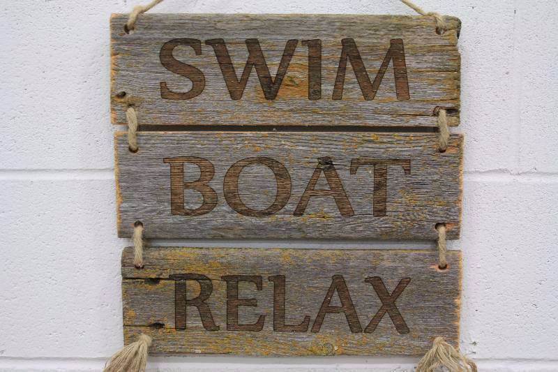 lot 33A image: Handmade  Swim, Boat, Relax Wood Decor Sign