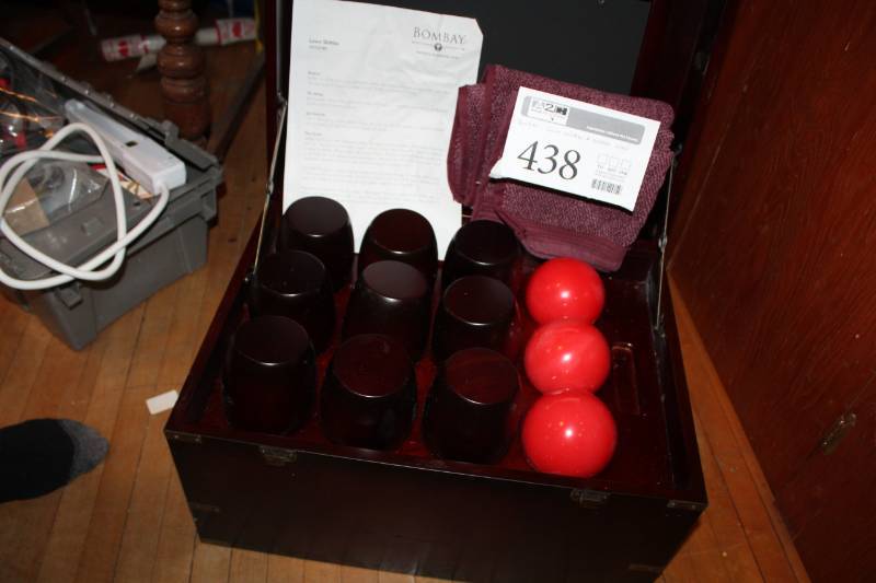 lot 438 image: Bombay Wood Lawn Skittles with Wood Case