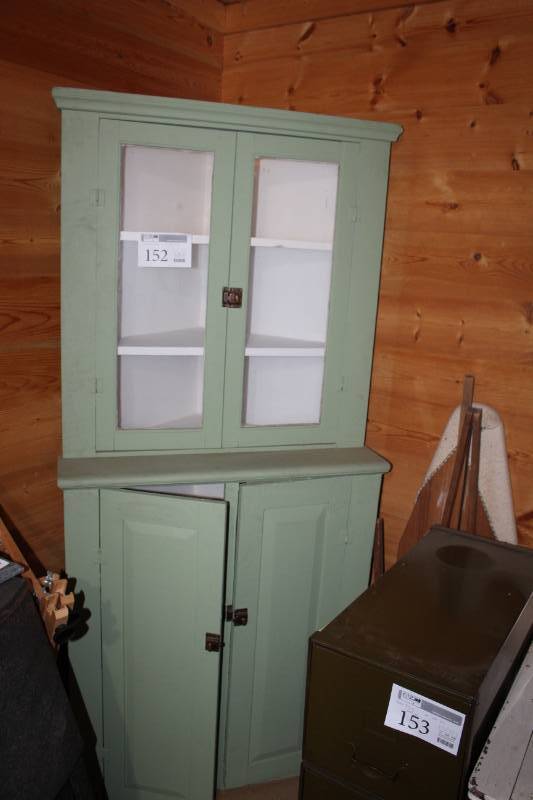 lot 152 image: Vintage Wood Corner Hutch with 2-Glass Doors, 2-Wood Doors