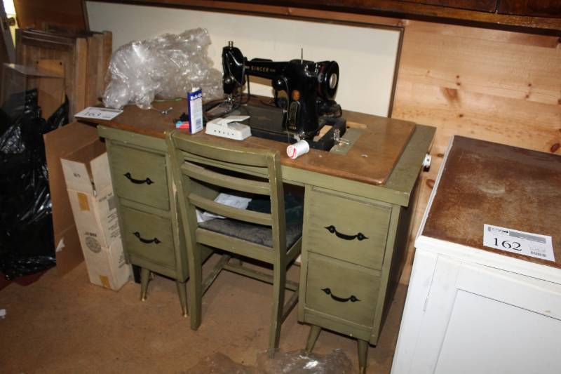 lot 163 image: Singer Wood Sewing Machine Desk with Matching Wood Chair