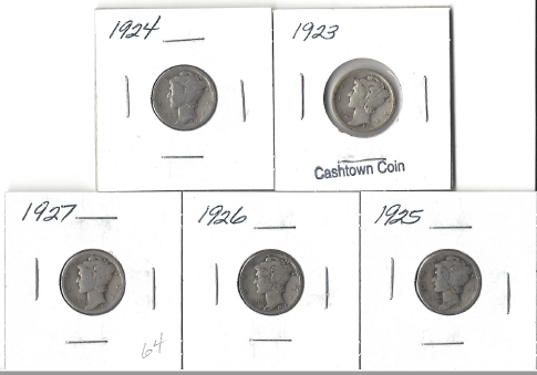 Four Different Mercury Dimes - 1923,1924, 1925, 1926, & 1927