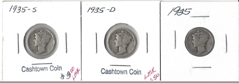 Three Different Mercury Dimes - 1935, 1935-D, & 1935-S