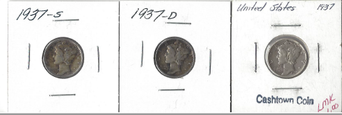 Three Different Mercury Dimes - 1937, 1937-D, & 1937-S