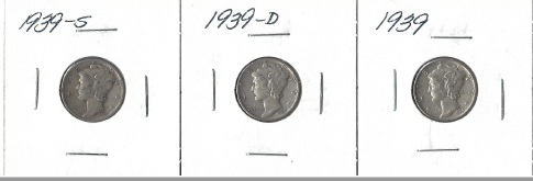 Three Different Mercury Dimes - 1939, 1939-D, & 1939-S