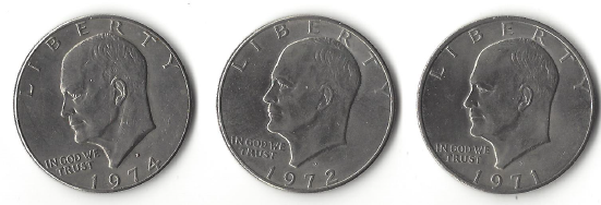 Three Different Eisenhower Dollars - 1971-D, 1972-D, & 1974-D